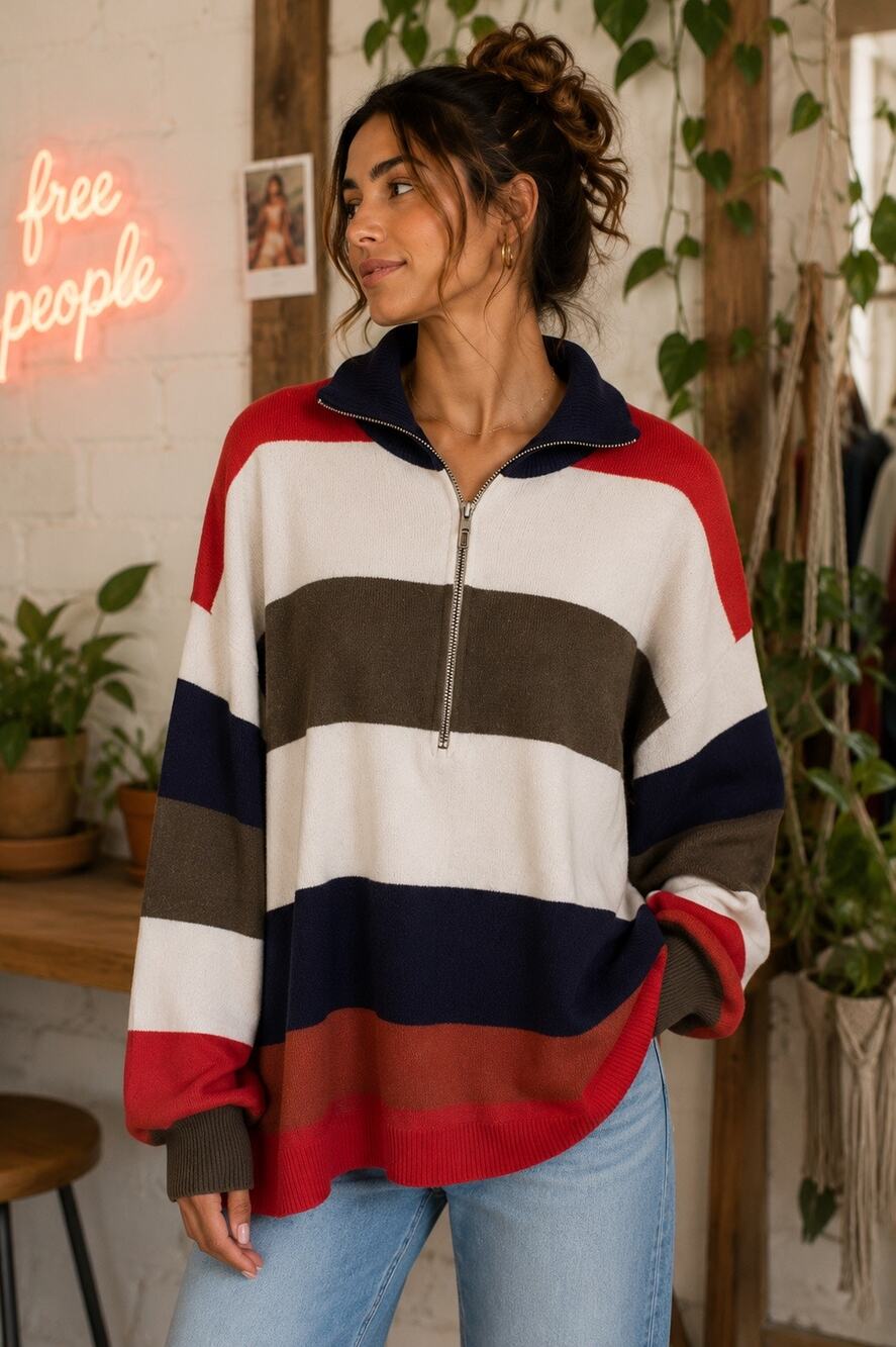 Free People Oversized Striped Quarter | Medium | New Without Tags